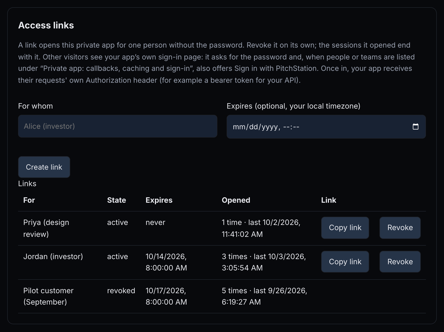 Access links of a private app: the For whom and Expires fields, Create link, and links with their state, expiry, Opened count, Copy link and Revoke.