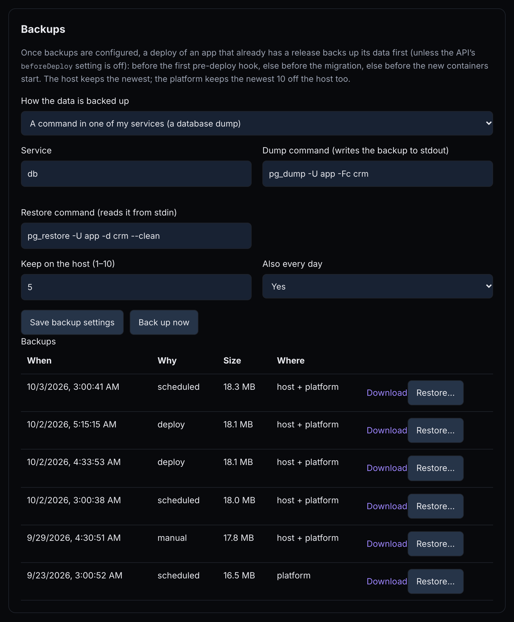 Backups of demo-crm: a database dump of service db, keep 5 on the host, daily, the two buttons, and six backups with their place, Download and Restore…