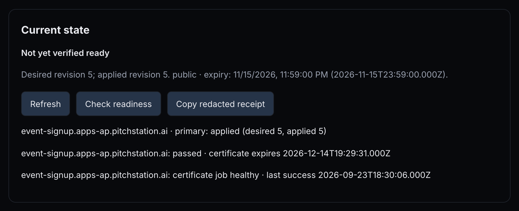 Current state of event-signup: Not yet verified ready; public; expiry 11/15/2026, 11:59:00 PM, also shown in UTC.
