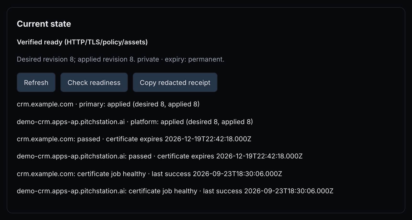 Current state of demo-crm: Verified ready, revision 8 desired and applied, private, permanent, three buttons, and one line per hostname for routing, readiness and certificates.