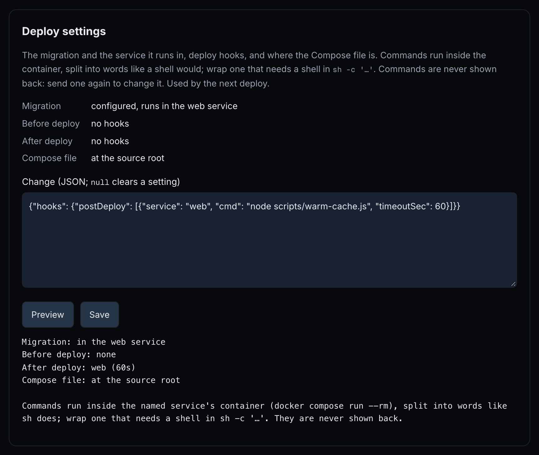 Deploy settings: current values, a JSON change adding a post-deploy hook, Preview and Save, and the preview.