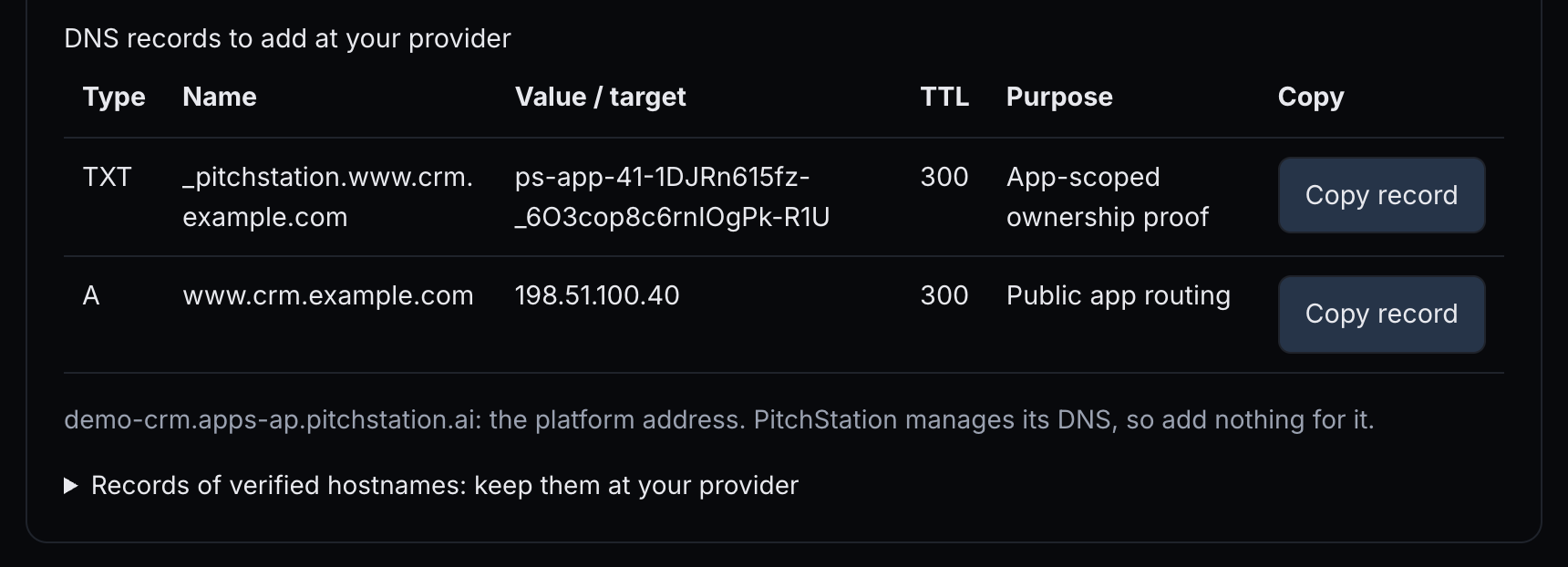 The DNS records to add at your provider: the TXT and A records for www.crm.example.com with Copy record buttons, a note that the platform address needs nothing, and the collapsed list of records to keep.