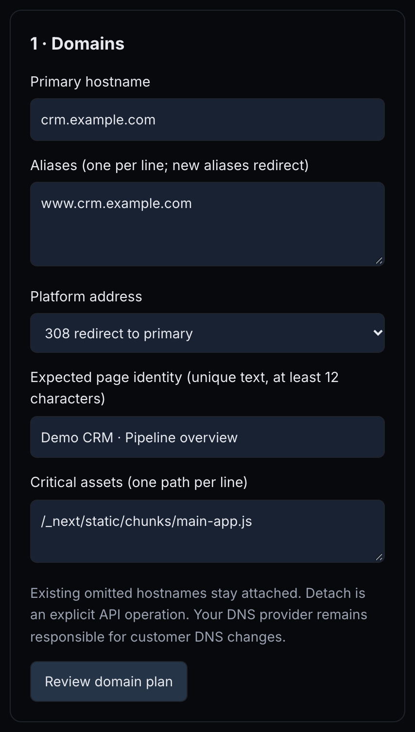 The 1 · Domains form with a custom primary hostname, the alias www.crm.example.com, the platform address set to redirect, an identity marker and one critical asset.