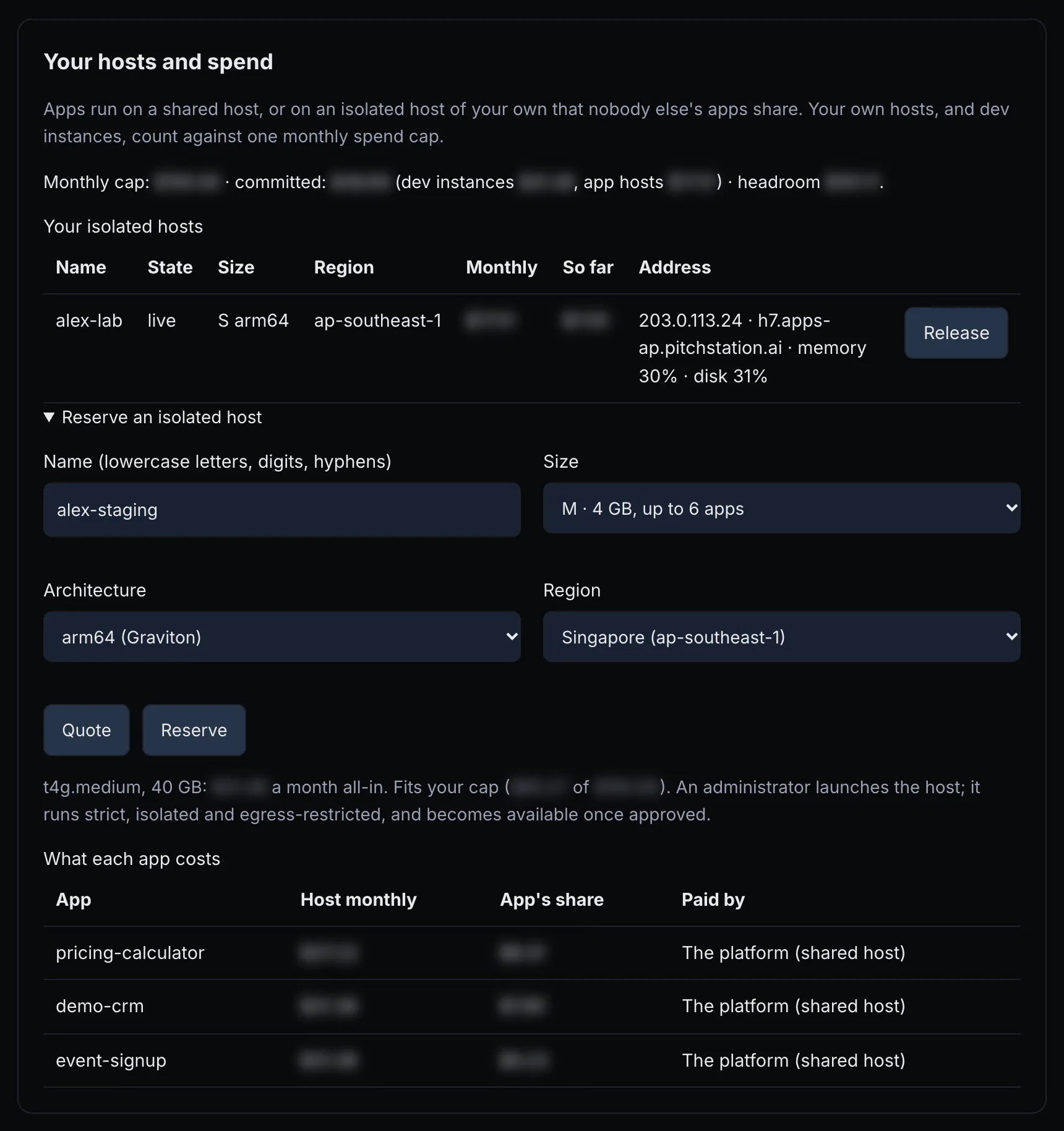 Your hosts and spend, with every amount blurred: the monthly cap line, one live isolated host, the reserve form with a quote, and what each app costs.