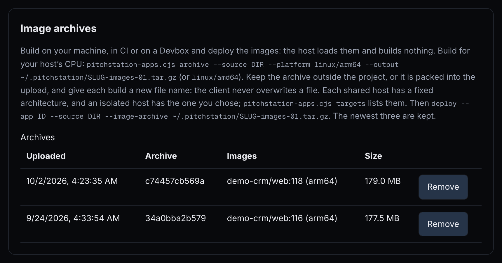 Two arm64 image archives of demo-crm, each with its upload time, id, image tag, size and Remove.
