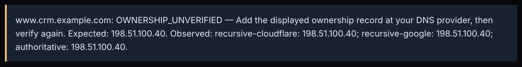 The status message after Verify DNS and ownership: www.crm.example.com fails with OWNERSHIP_UNVERIFIED, and each resolver's answer is listed.