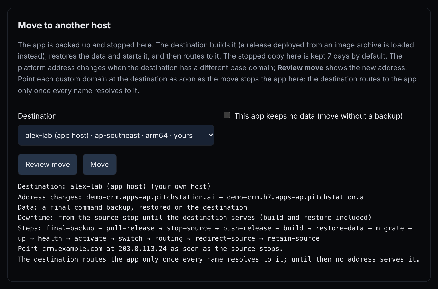 Move to another host: destination alex-lab, the keeps-no-data checkbox, Review move and Move, and the reviewed plan, which says to point the custom domain at the new host as soon as the source stops.