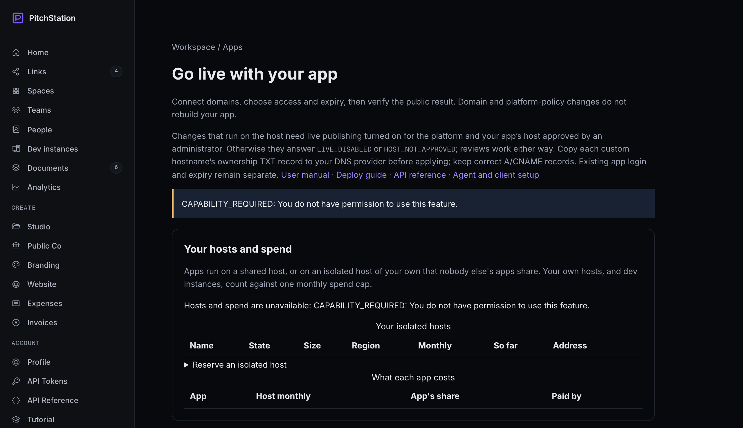 The Apps page for an account without the Apps permission: no Apps item in the sidebar and the message CAPABILITY_REQUIRED: You do not have permission to use this feature.