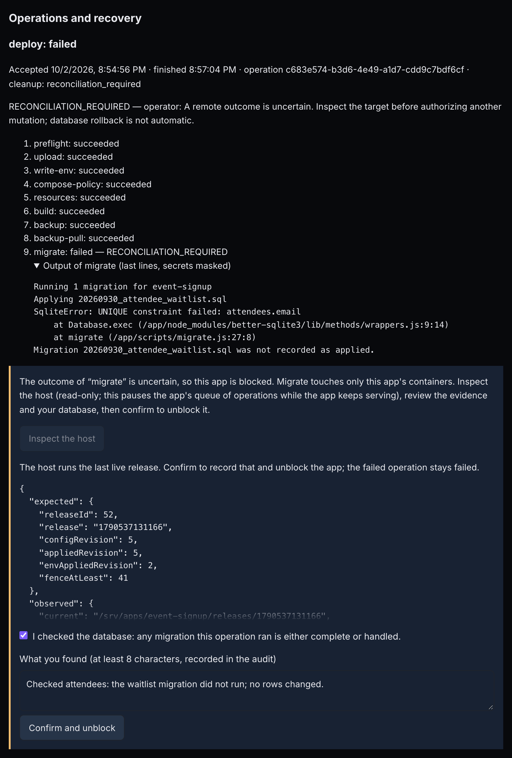 A migration that failed with RECONCILIATION_REQUIRED, its output, the uncertainty notice, Inspect the host, the evidence, the database checkbox, a note and Confirm and unblock.