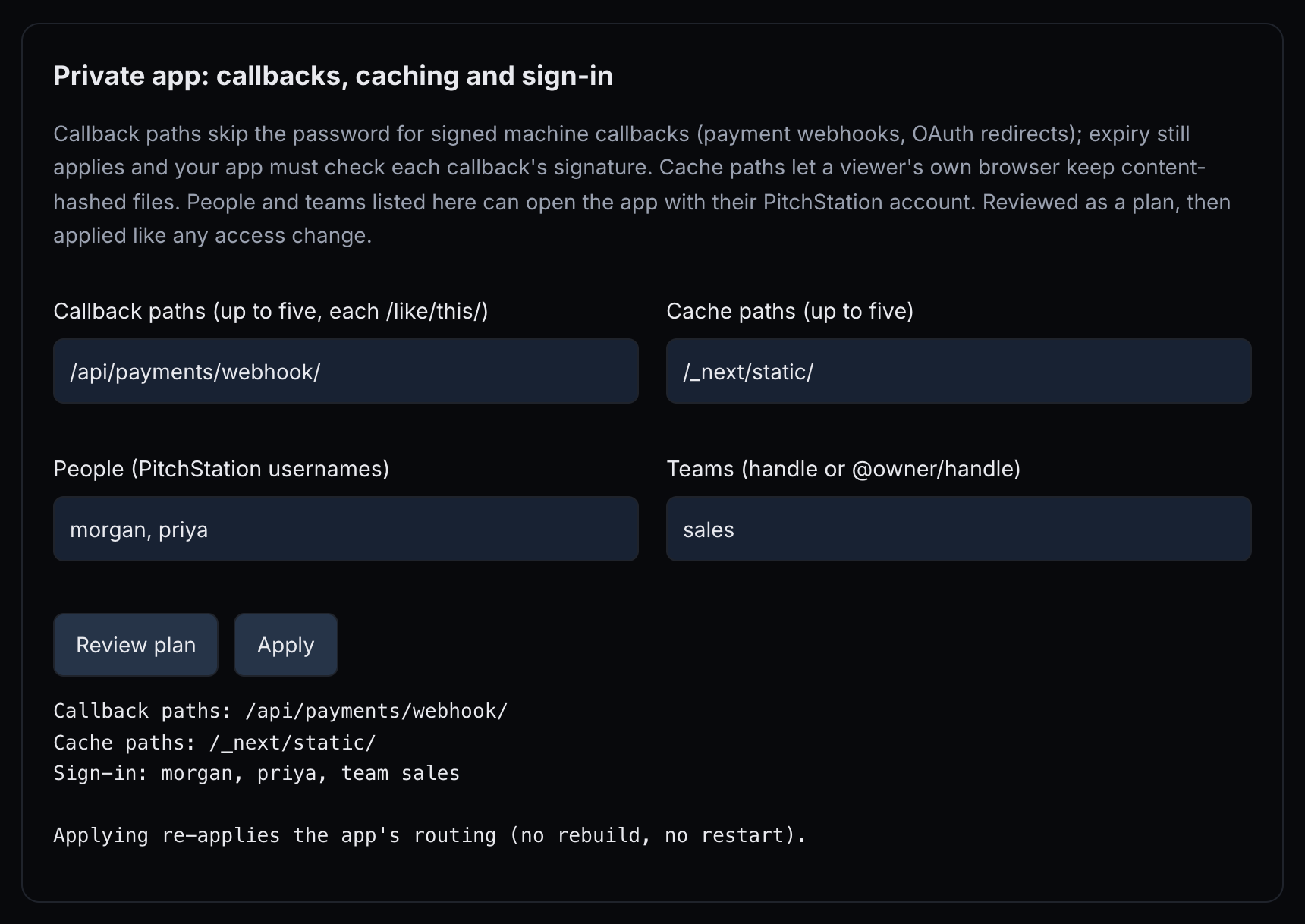 Private app: callbacks, caching and sign-in, with one callback path, one cache path, two people, one team, Review plan, Apply and the reviewed plan.