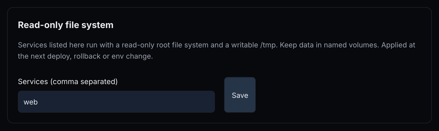 Read-only file system: the web service listed, and Save.